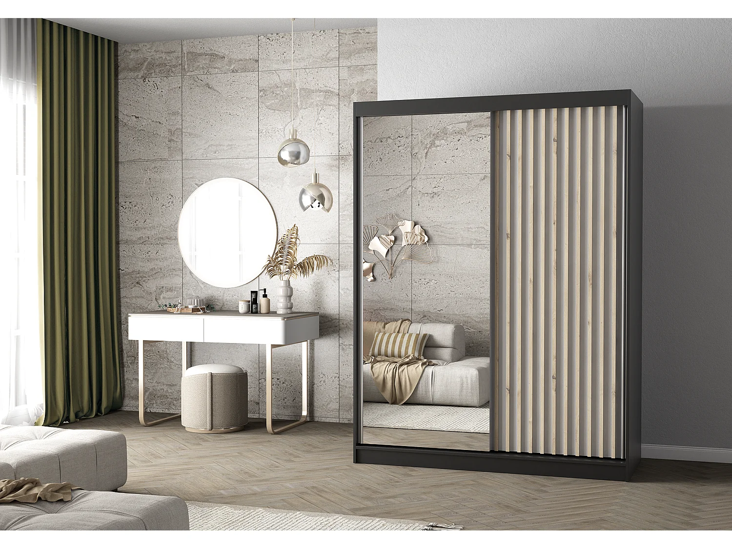 Armoire Zinaé 150 cm avec miroir - Noir - Blanc