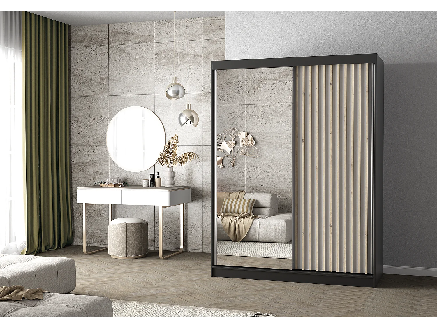 Armoire Zinaé 150 cm avec miroir - Noir - Blanc