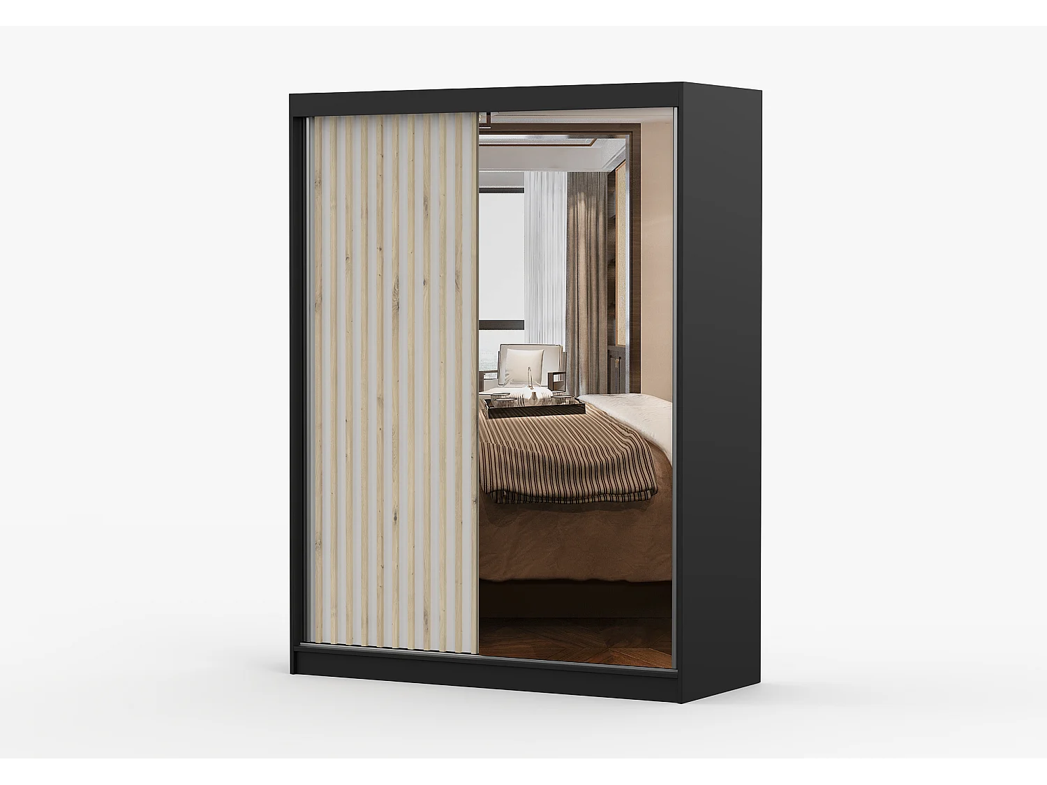 Armoire Zinaé 150 cm avec miroir - Noir - Blanc