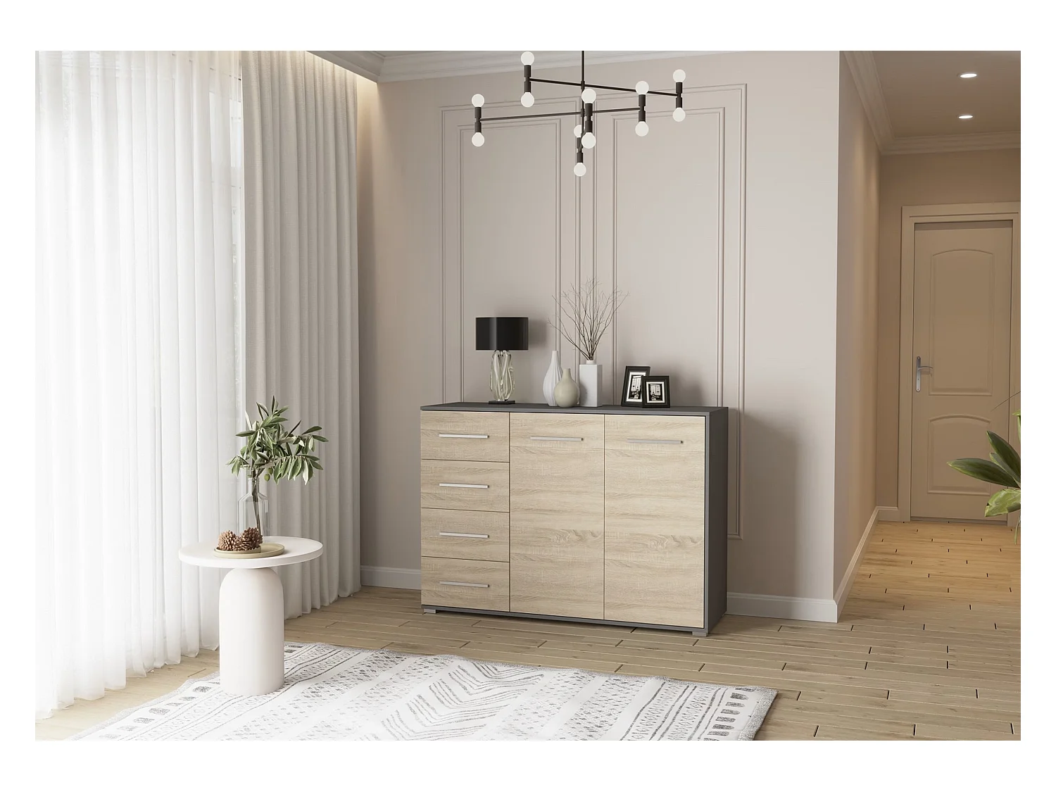 Buffet - Commode Ilario III 135 cm - Aspect mat - Gris - Chêne