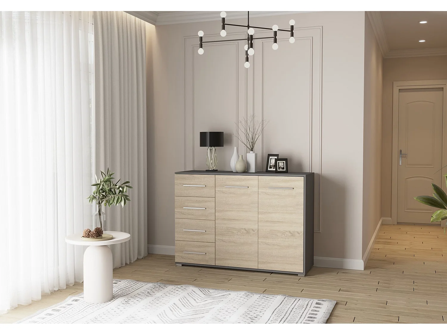 Buffet - Commode Ilario III 135 cm - Aspect mat - Gris - Chêne