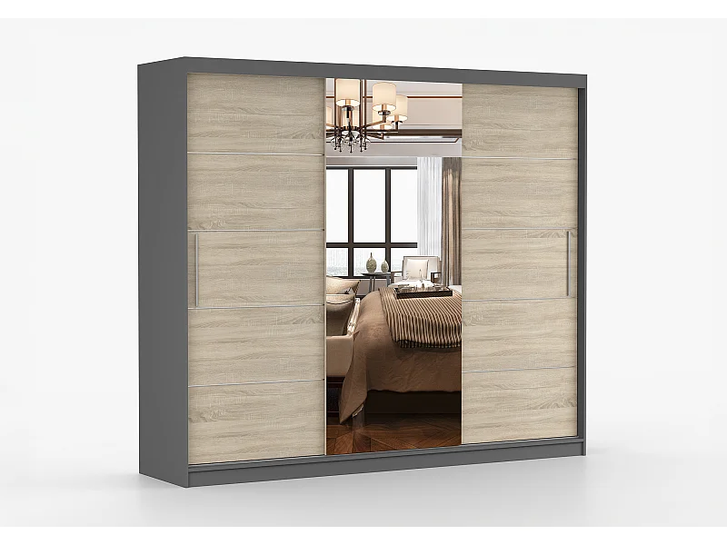 Armoire Olympe 233 cm avec miroir - Gris - Chêne
