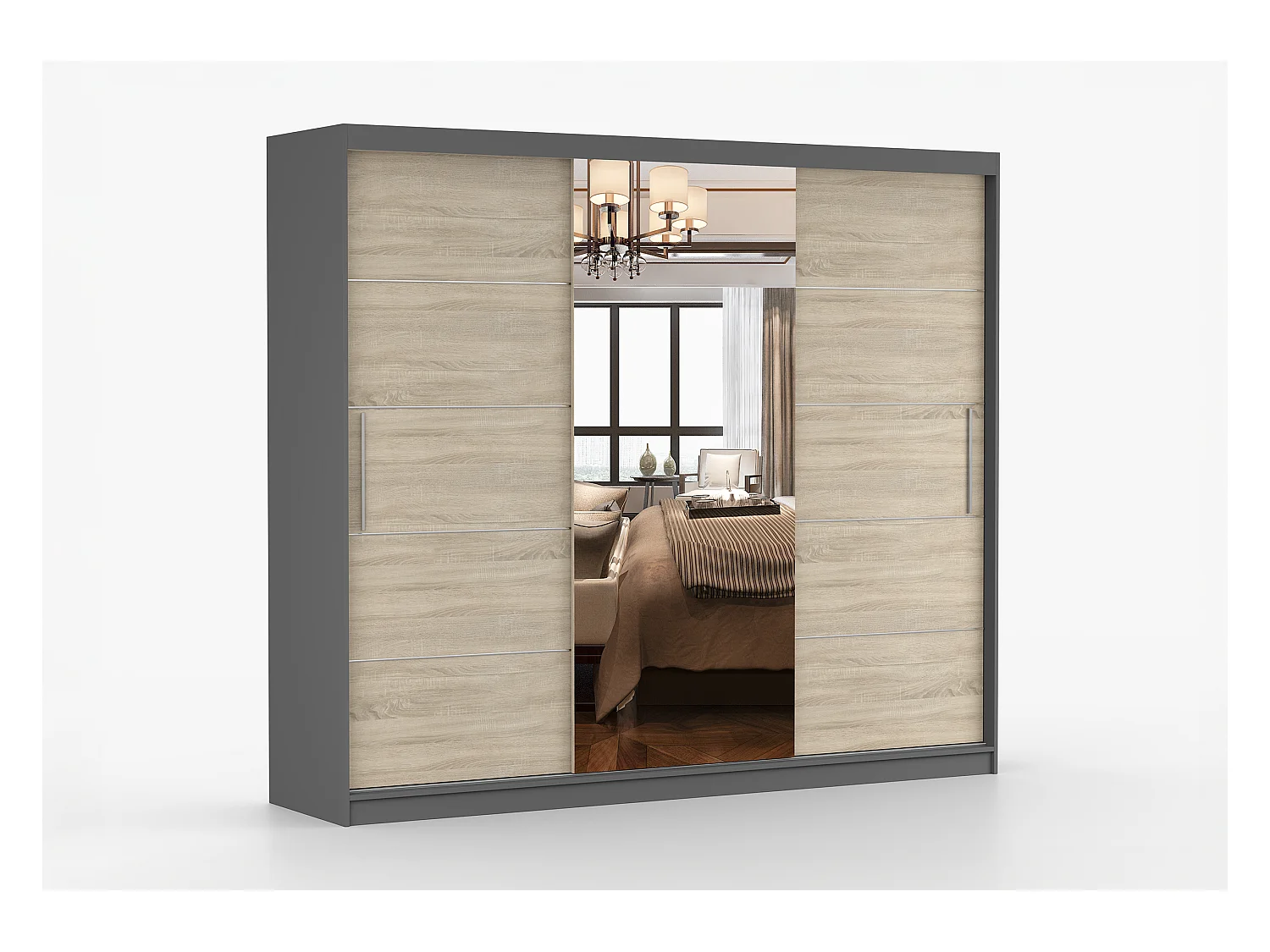 Armoire Olympe 233 cm avec miroir - Gris - Chêne