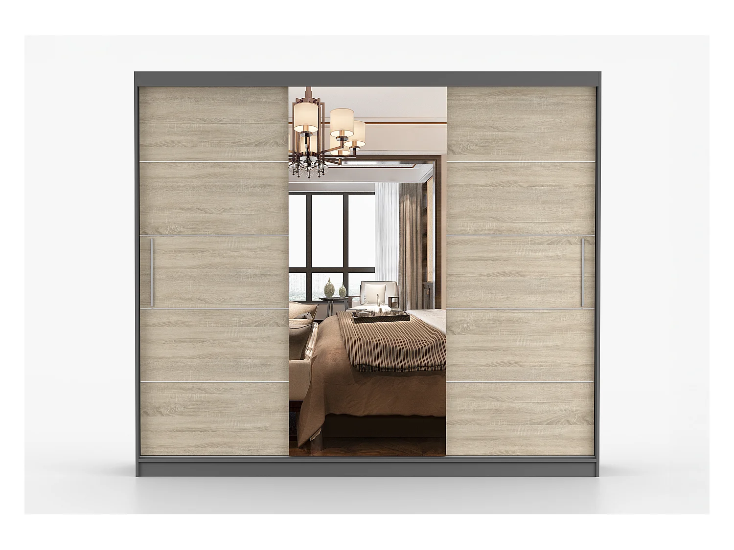 Armoire Olympe 233 cm avec miroir - Gris - Chêne