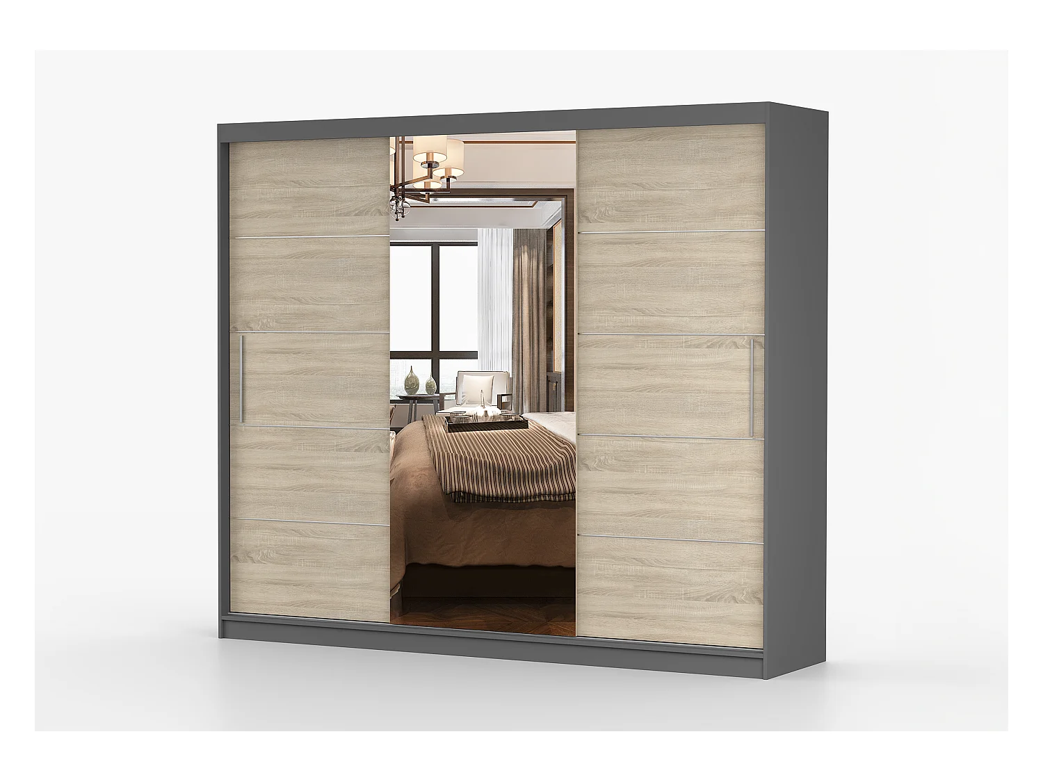 Armoire Olympe 233 cm avec miroir - Gris - Chêne