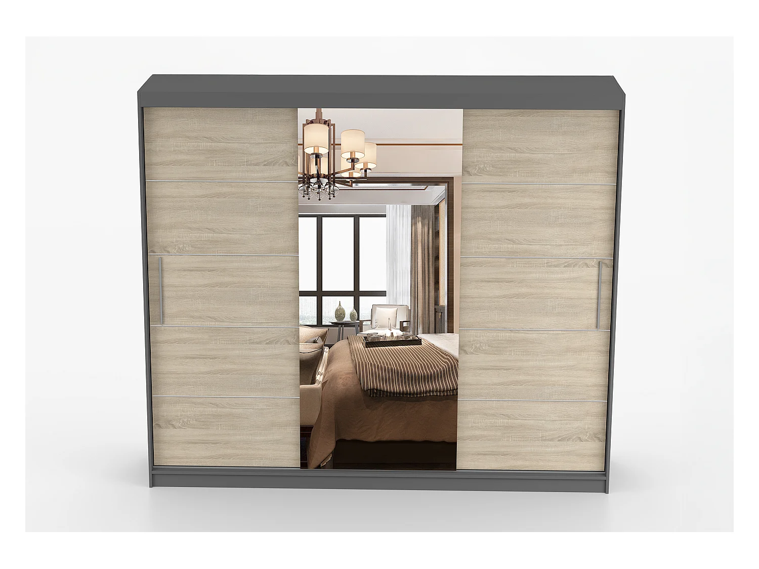 Armoire Olympe 233 cm avec miroir - Gris - Chêne