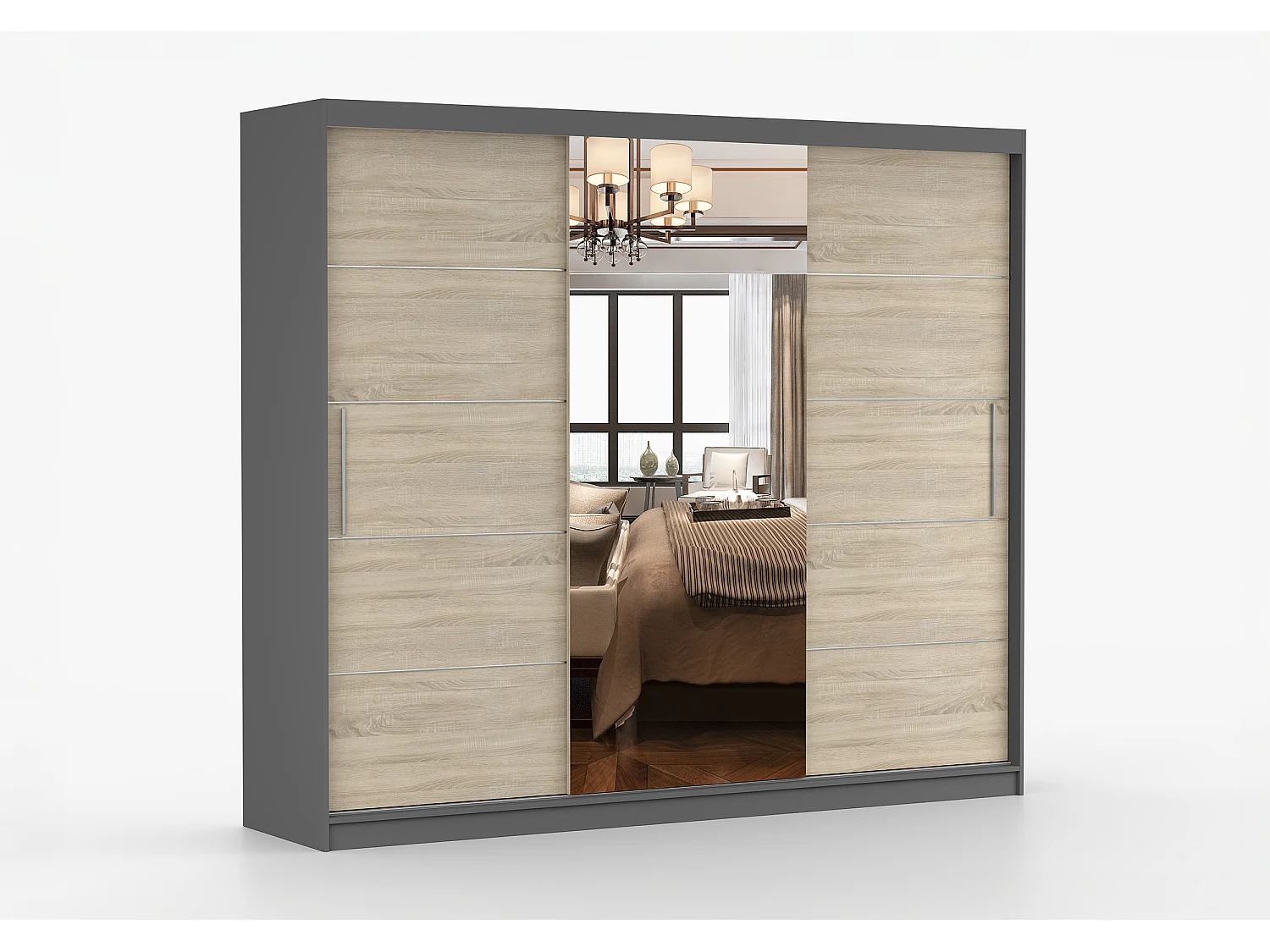 Armoire Olympe 233 cm avec miroir - Gris - Chêne