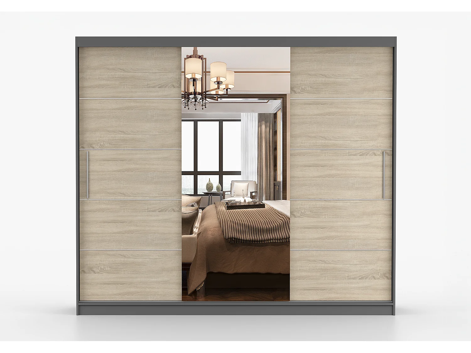 Armoire Olympe 233 cm avec miroir - Gris - Chêne