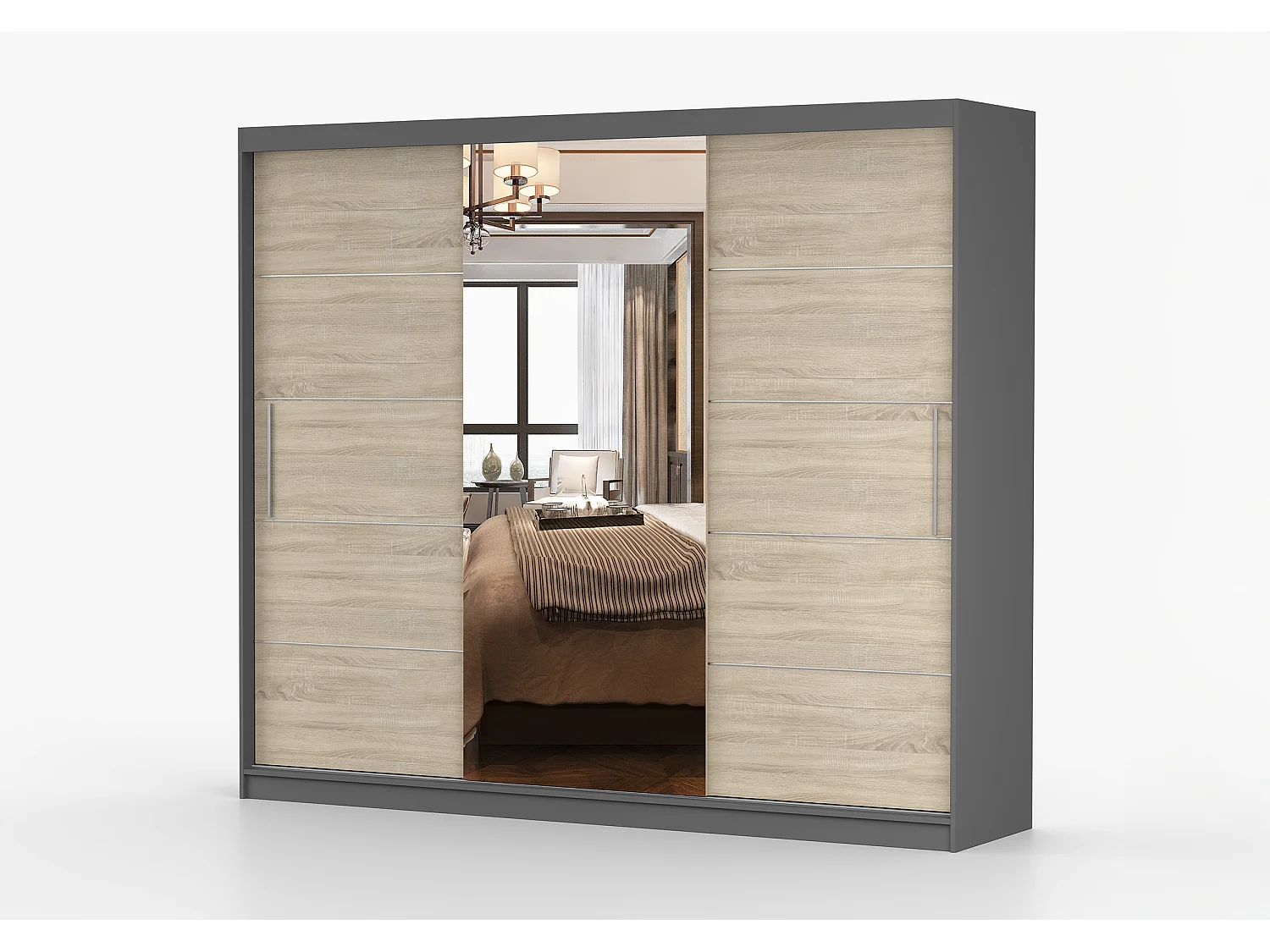 Armoire Olympe 233 cm avec miroir - Gris - Chêne