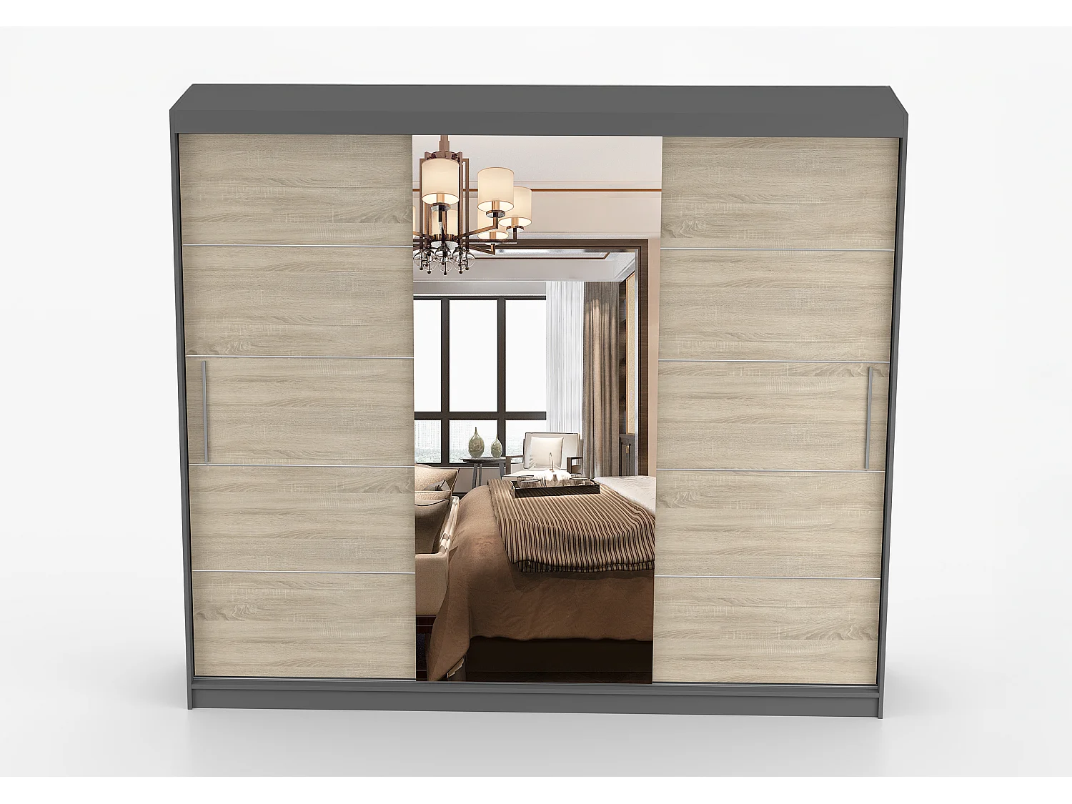 Armoire Olympe 233 cm avec miroir - Gris - Chêne