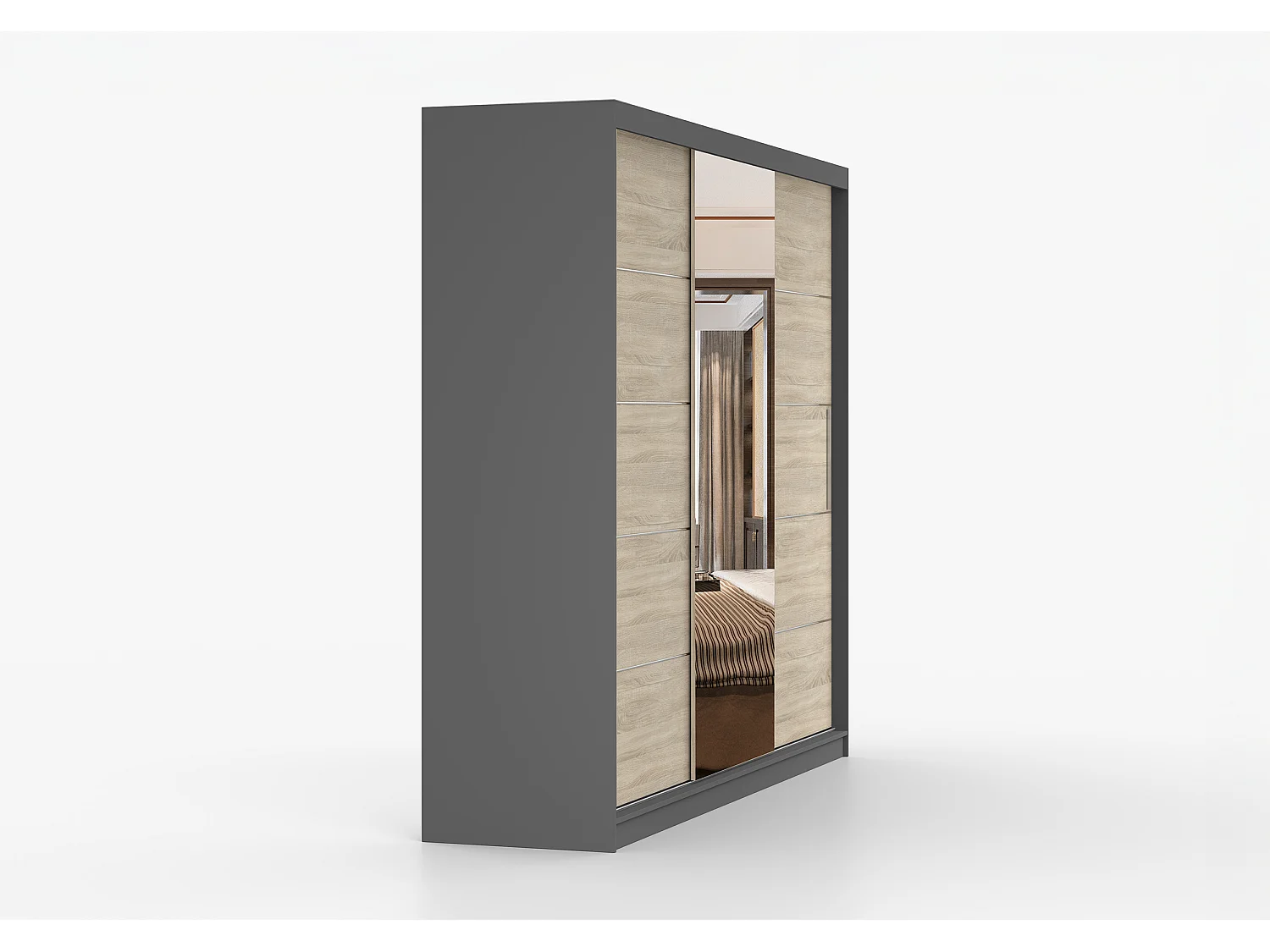 Armoire Olympe 233 cm avec miroir - Gris - Chêne