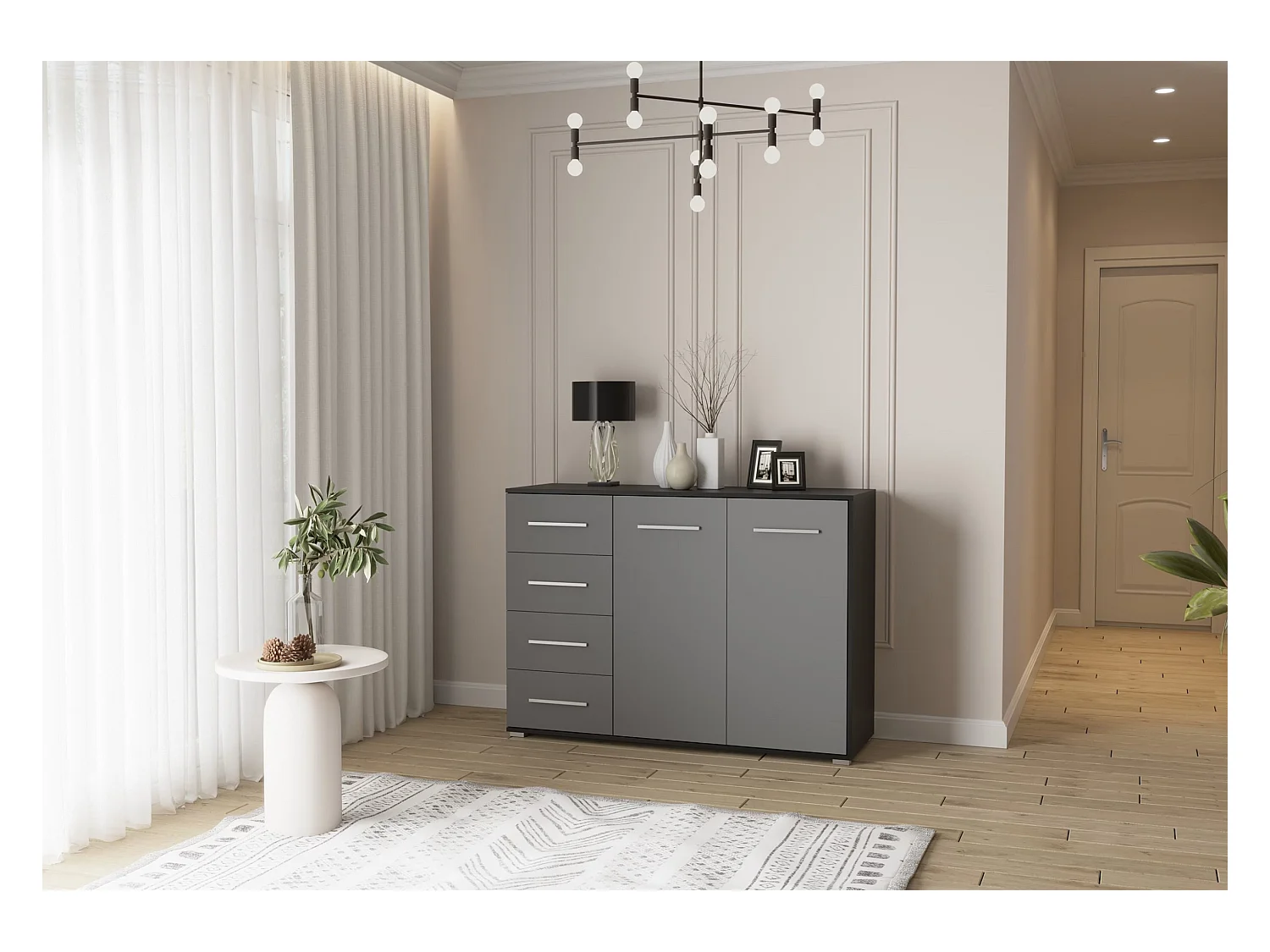 Buffet - Commode Ilario III 135 cm - Aspect mat - Noir - Gris