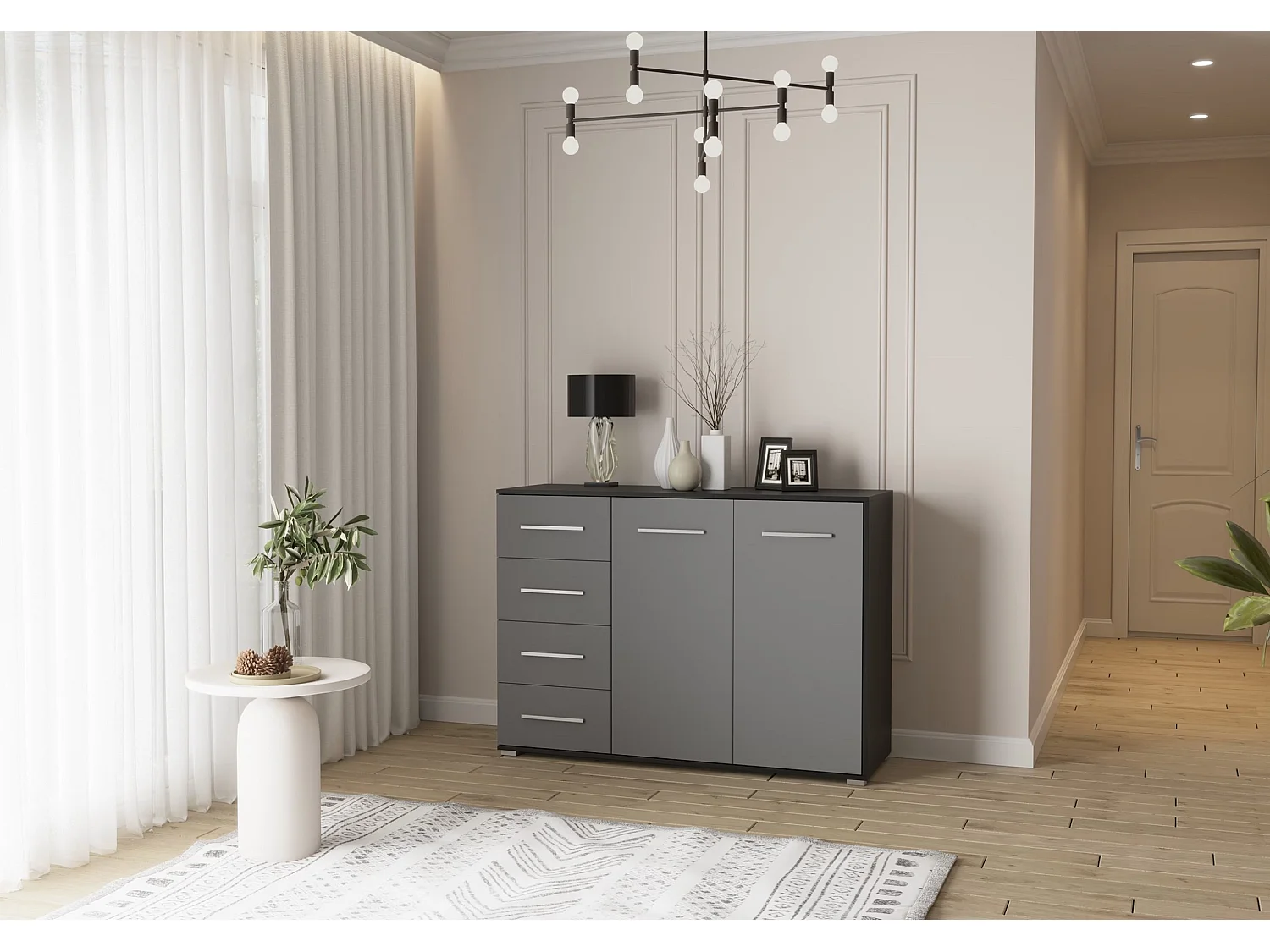 Buffet - Commode Ilario III 135 cm - Aspect mat - Noir - Gris