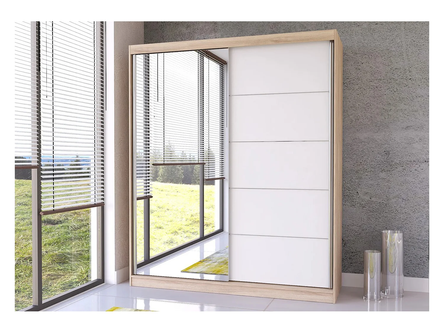 Armoire Ysalis 183 cm avec miroir - Chêne - Blanc