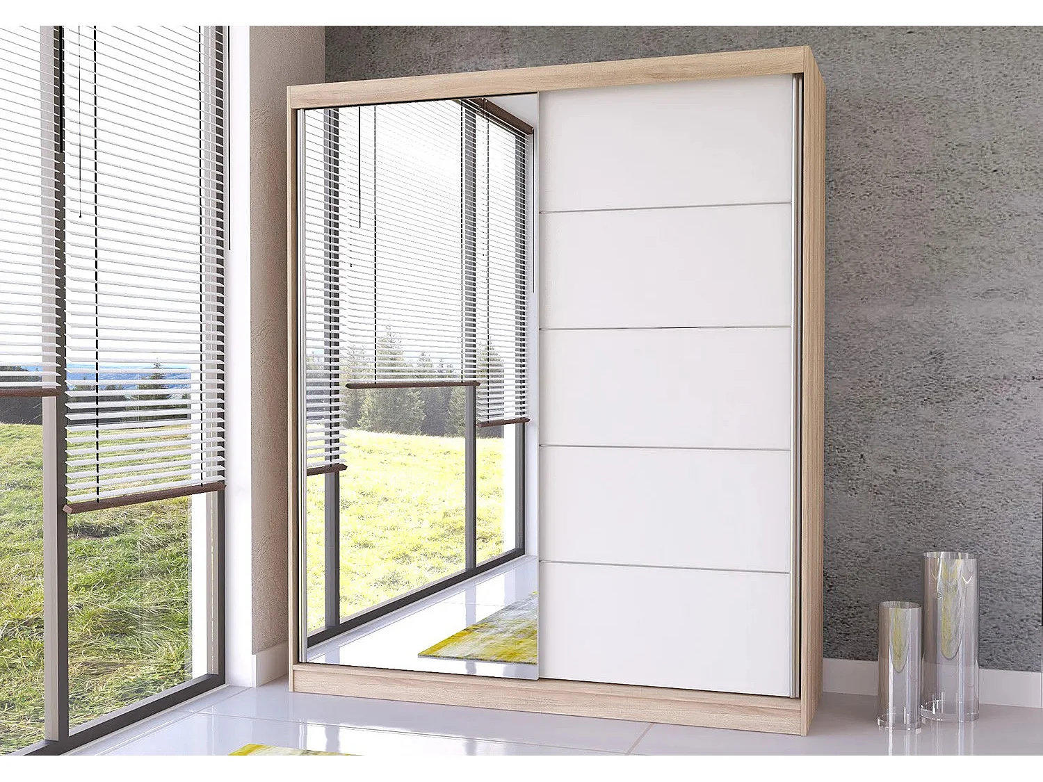 Armoire Ysalis 183 cm avec miroir - Chêne - Blanc