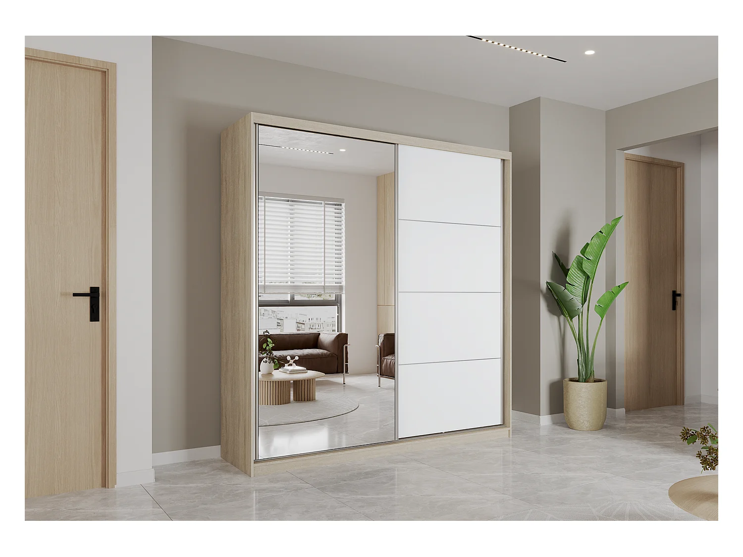 Armoire Helis 203 avec miroir - Chêne - Blanc