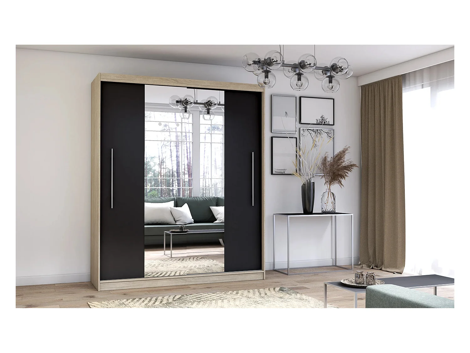 Armoire Eireen I 203 cm avec miroir - Chêne - Noir
