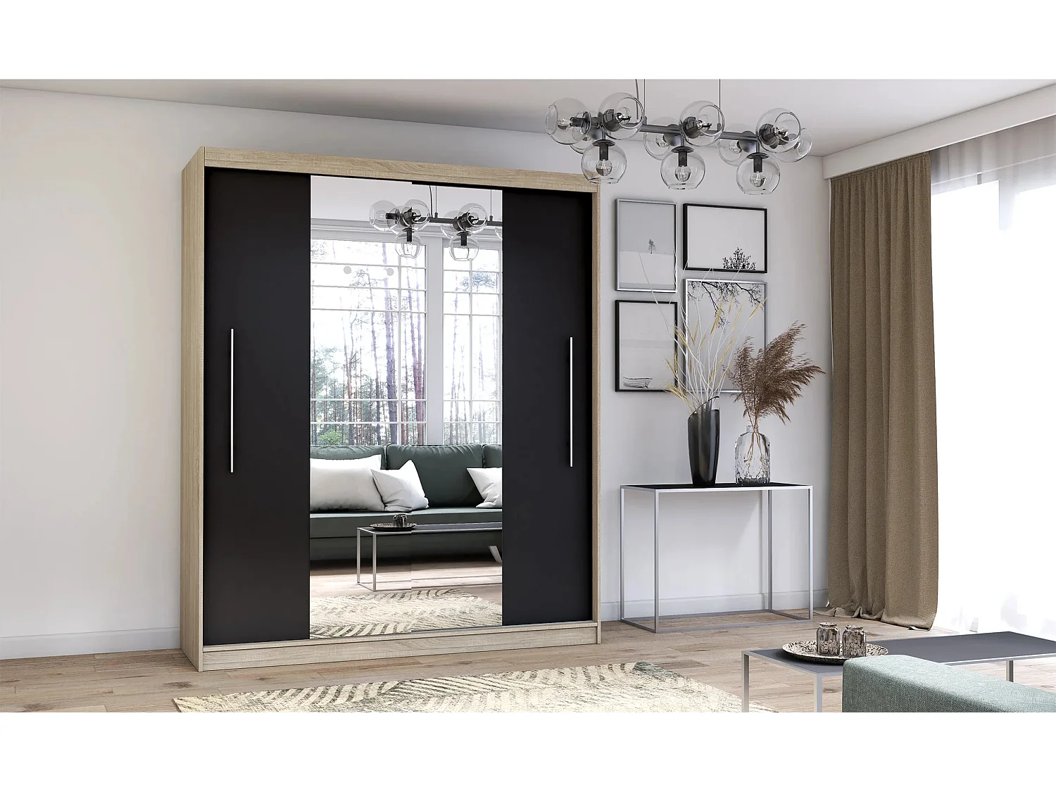 Armoire Eireen I 203 cm avec miroir - Chêne - Noir