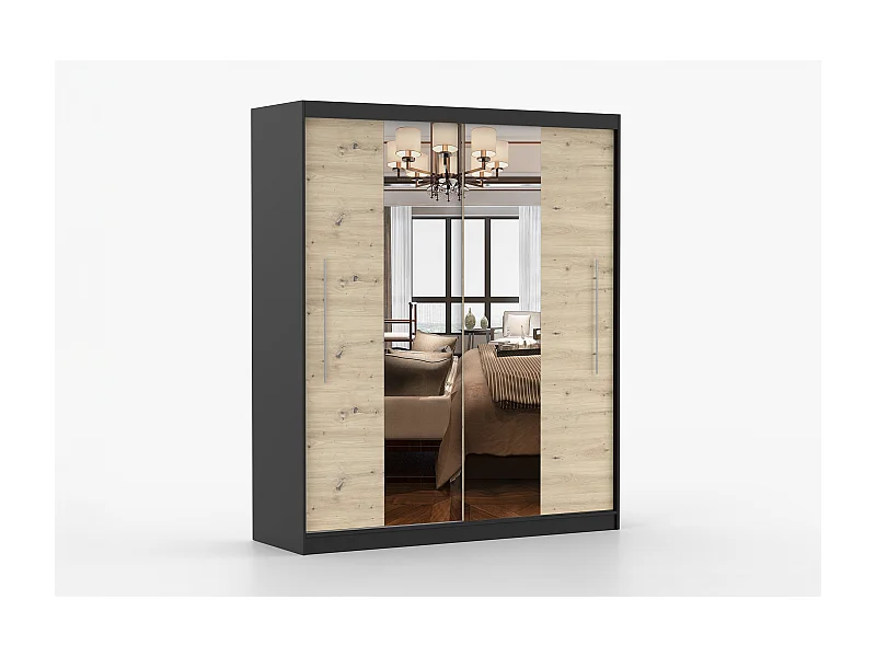 Armoire Althéa 203 cm avec miroir - Noir - Effet bois