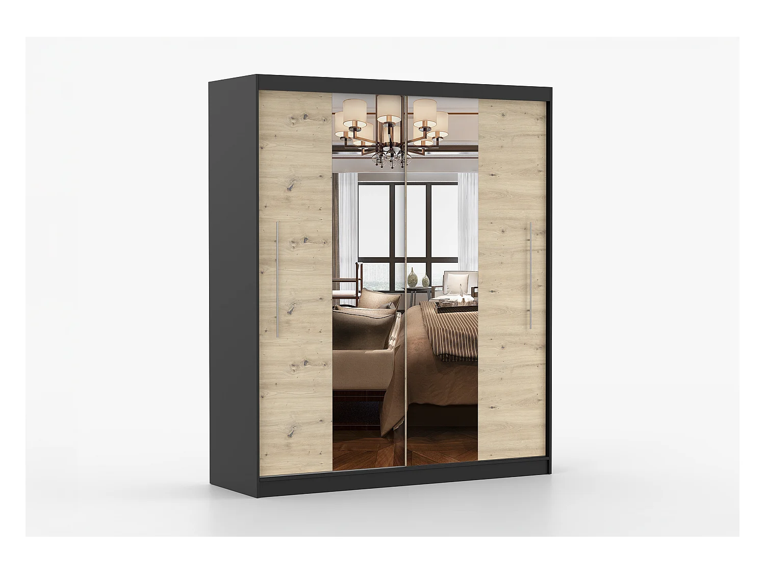Armoire Althéa 203 cm avec miroir - Noir - Effet bois