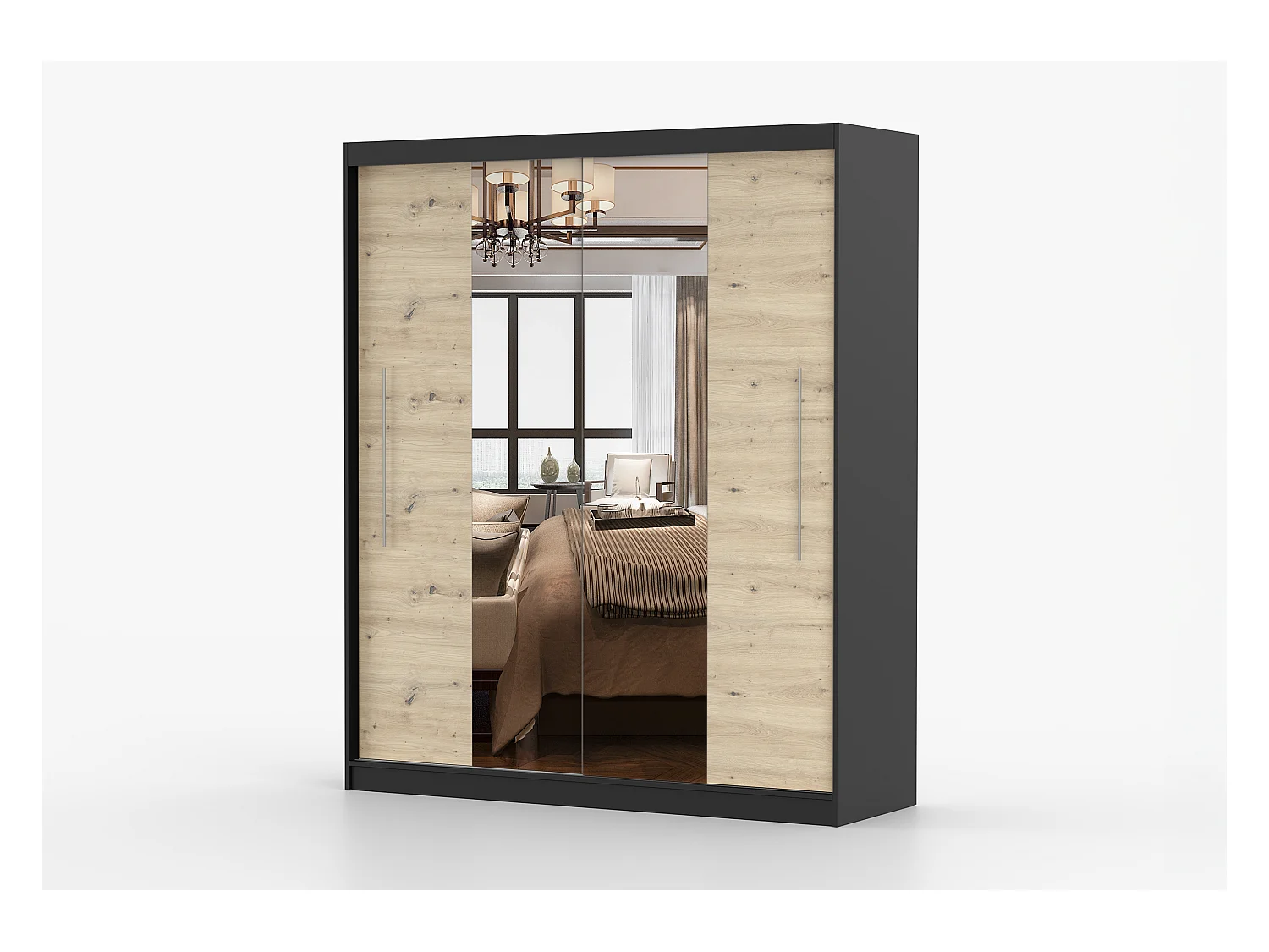 Armoire Althéa 203 cm avec miroir - Noir - Effet bois