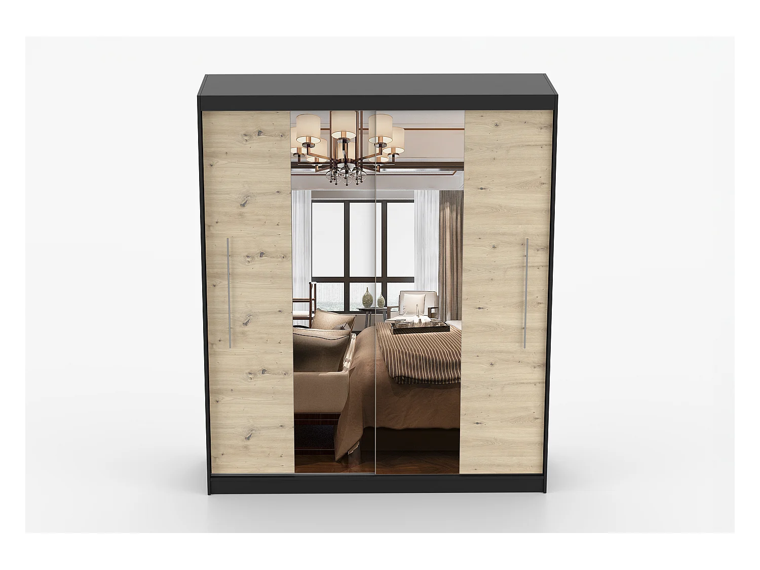 Armoire Althéa 203 cm avec miroir - Noir - Effet bois