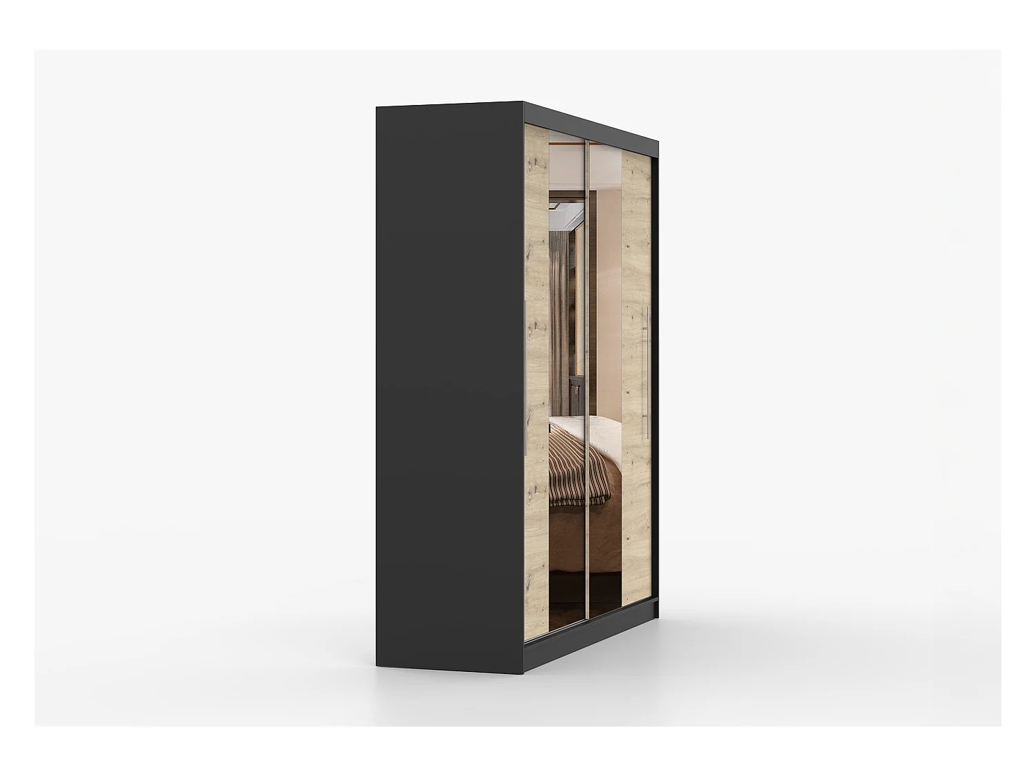 Armoire Althéa 203 cm avec miroir - Noir - Effet bois