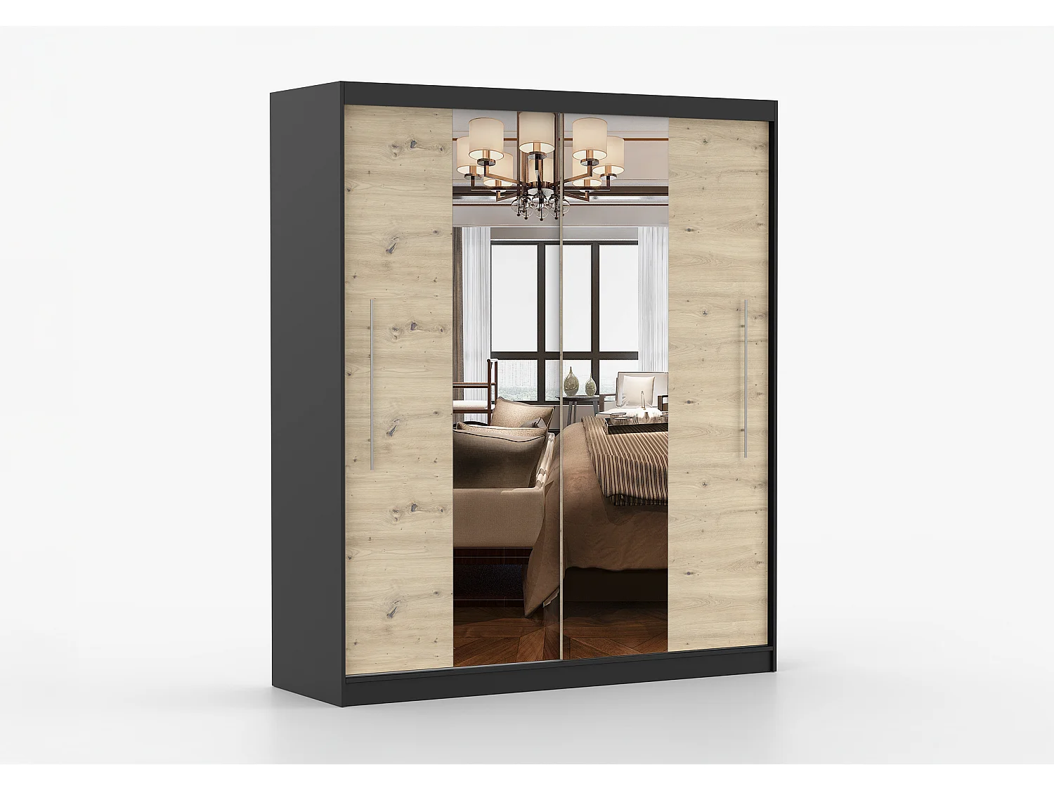 Armoire Althéa 203 cm avec miroir - Noir - Effet bois
