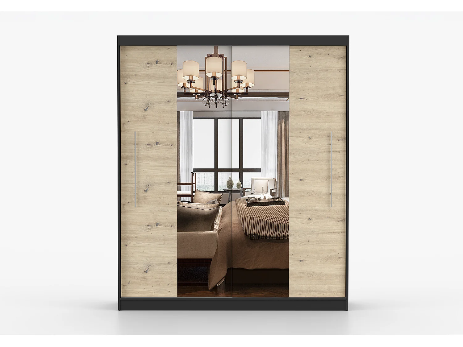 Armoire Althéa 203 cm avec miroir - Noir - Effet bois