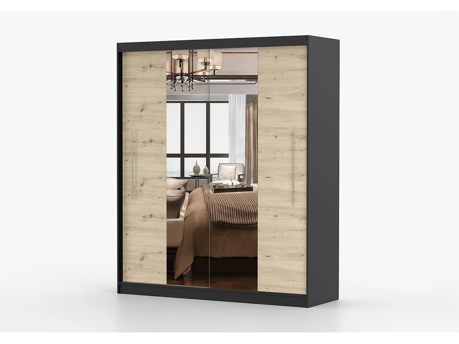Armoire Althéa 203 cm avec miroir - Noir - Effet bois