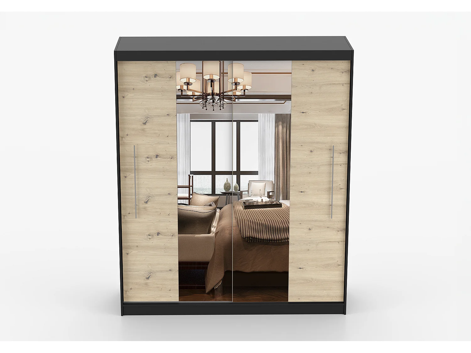 Armoire Althéa 203 cm avec miroir - Noir - Effet bois