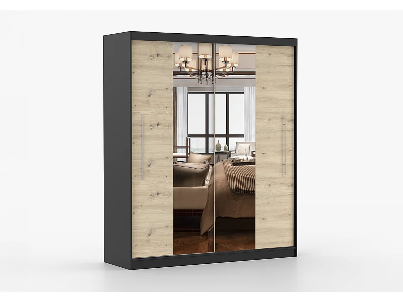 Armoire Althéa 203 cm avec miroir - Noir - Effet bois