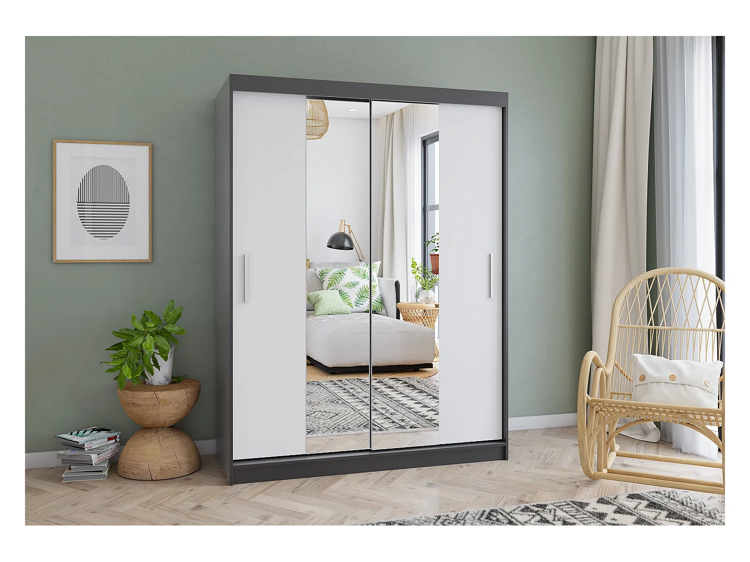 Armoire Aenora 150 cm avec miroir - Noir - Blanc