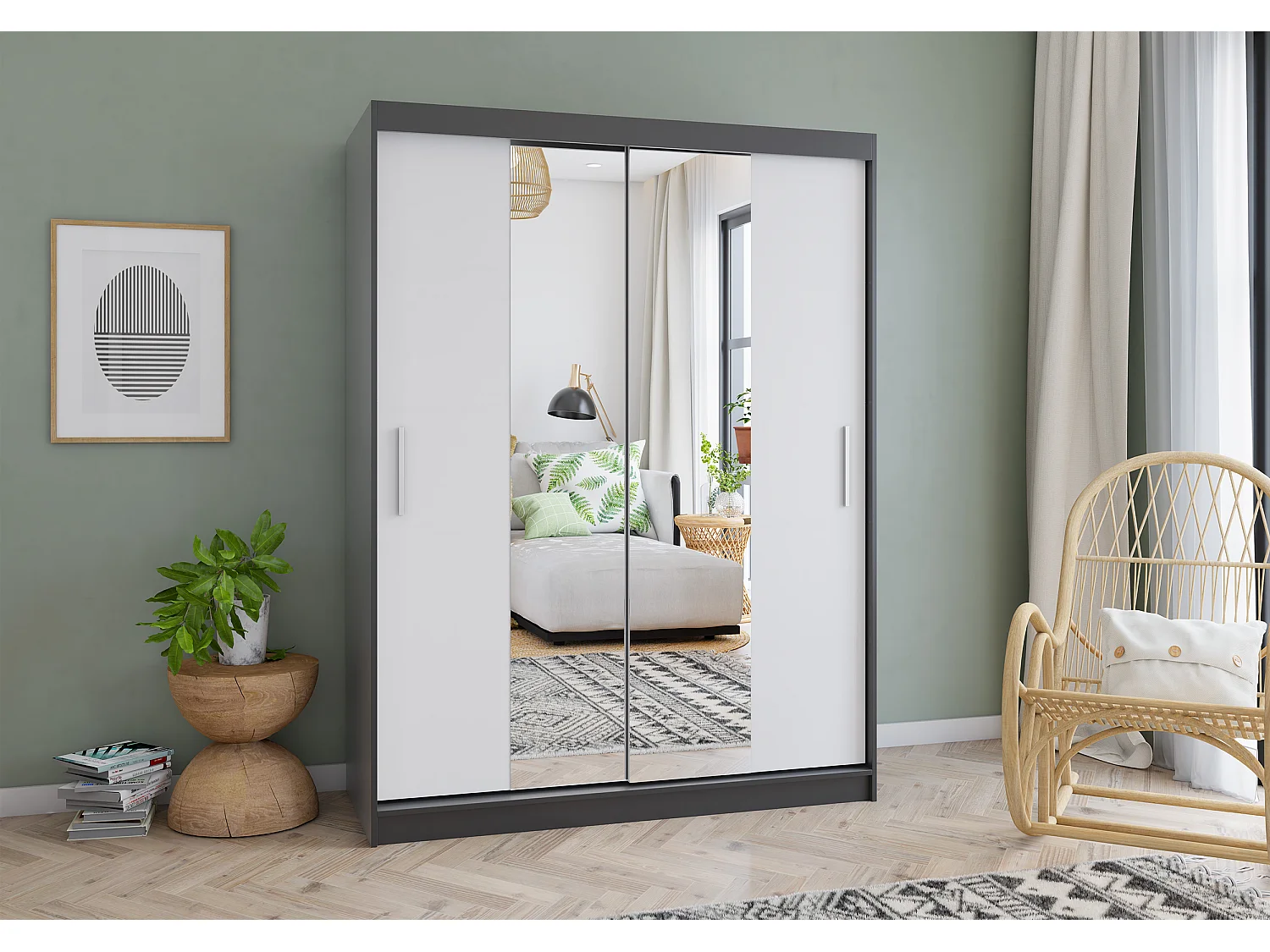 Armoire Aenora 150 cm avec miroir - Noir - Blanc