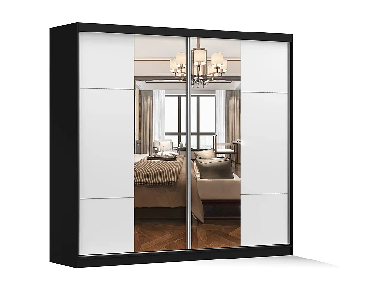 Armoire Azénor 233 cm avec miroir - Noir - Blanc