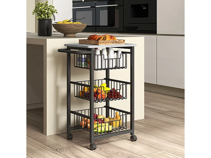Desserte cuisine 3 paniers 4 roulettes pivotantes poignée acier noir plateau effet pierre gris clair