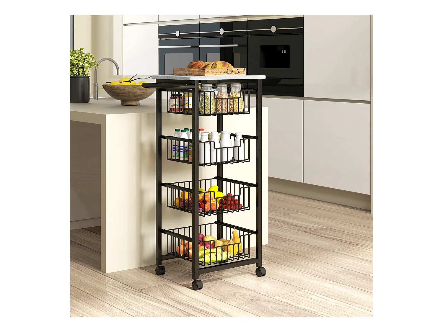 Desserte cuisine 4 paniers 4 roulettes pivotantes poignée acier noir plateau effet pierre gris clair