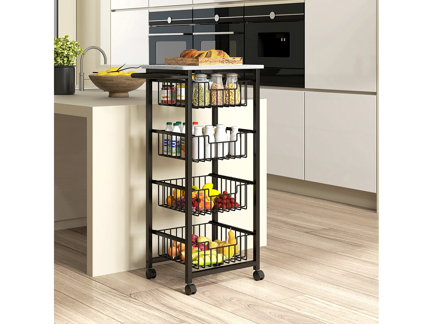 Desserte cuisine 4 paniers 4 roulettes pivotantes poignée acier noir plateau effet pierre gris clair