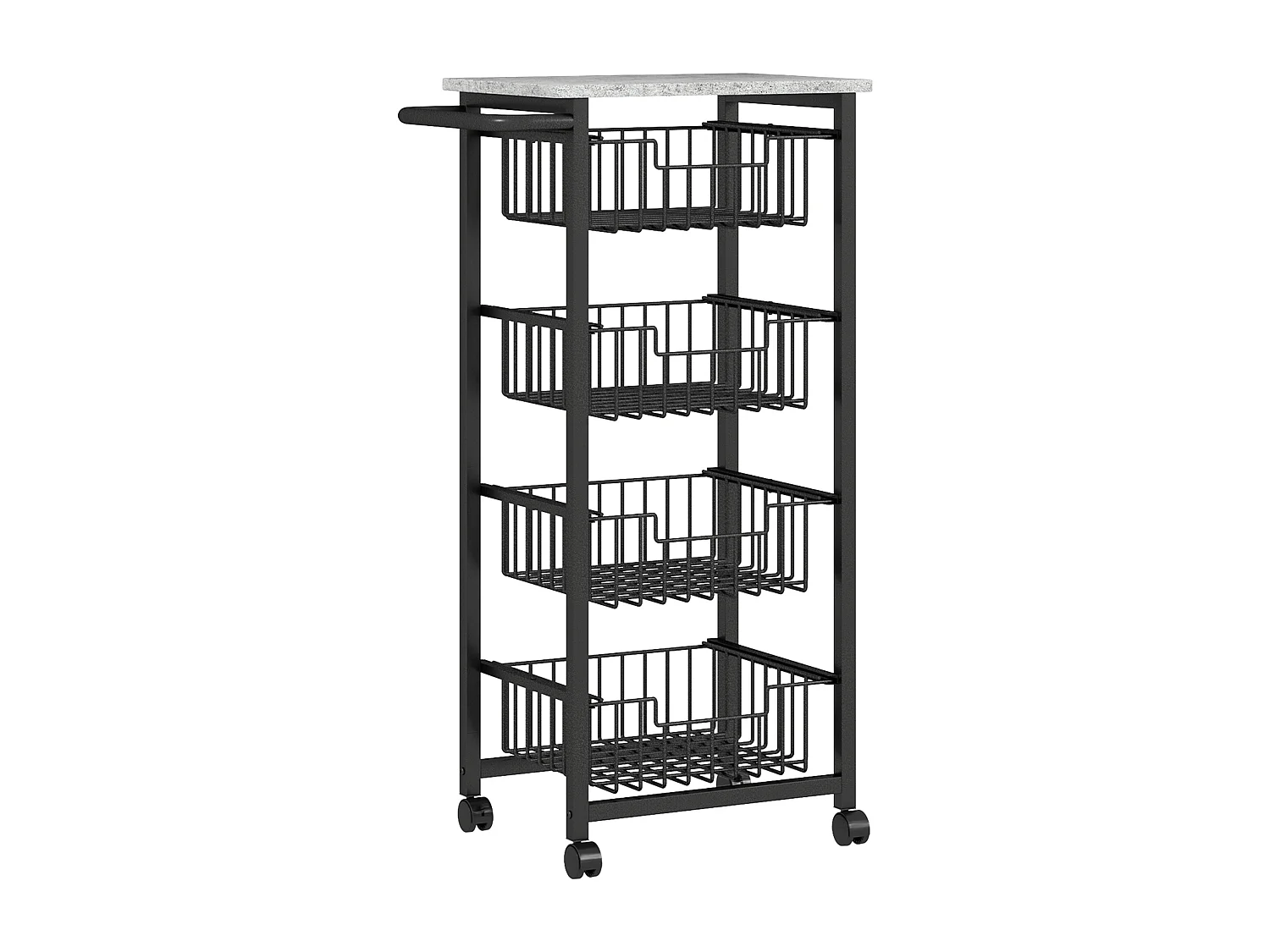 Desserte cuisine 4 paniers 4 roulettes pivotantes poignée acier noir plateau effet pierre gris clair