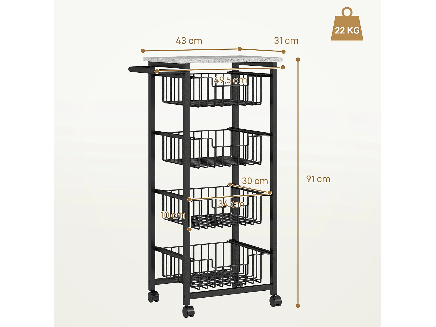 Desserte cuisine 4 paniers 4 roulettes pivotantes poignée acier noir plateau effet pierre gris clair
