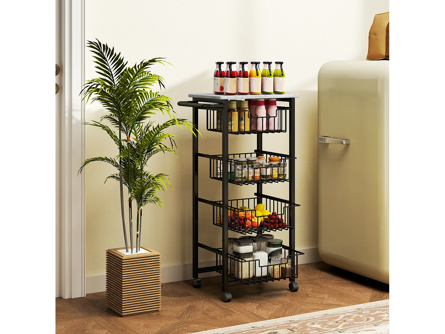 Desserte cuisine 4 paniers 4 roulettes pivotantes poignée acier noir plateau effet pierre gris clair