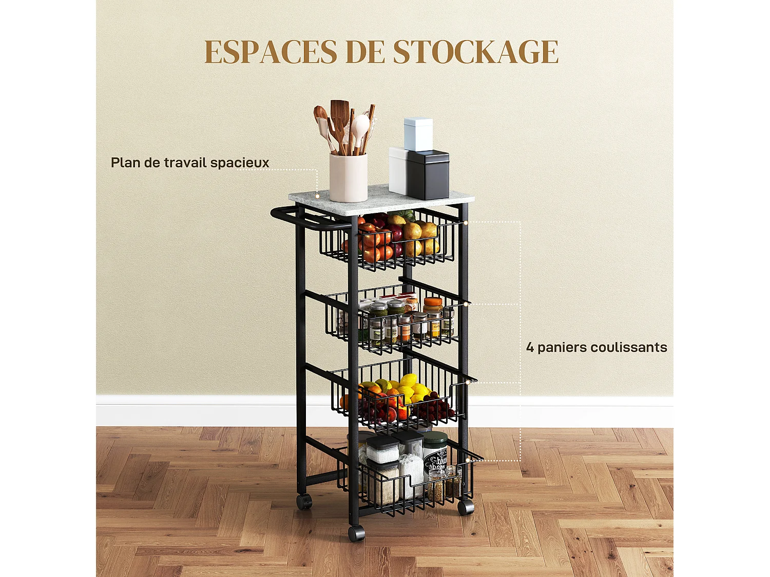 Desserte cuisine 4 paniers 4 roulettes pivotantes poignée acier noir plateau effet pierre gris clair