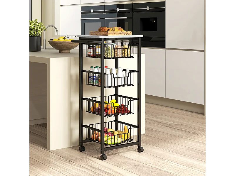 Desserte cuisine 4 paniers 4 roulettes pivotantes poignée acier noir plateau effet pierre gris clair