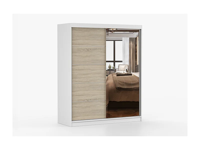 Armoire Ondine 160 cm avec miroir - Blanc - Chêne