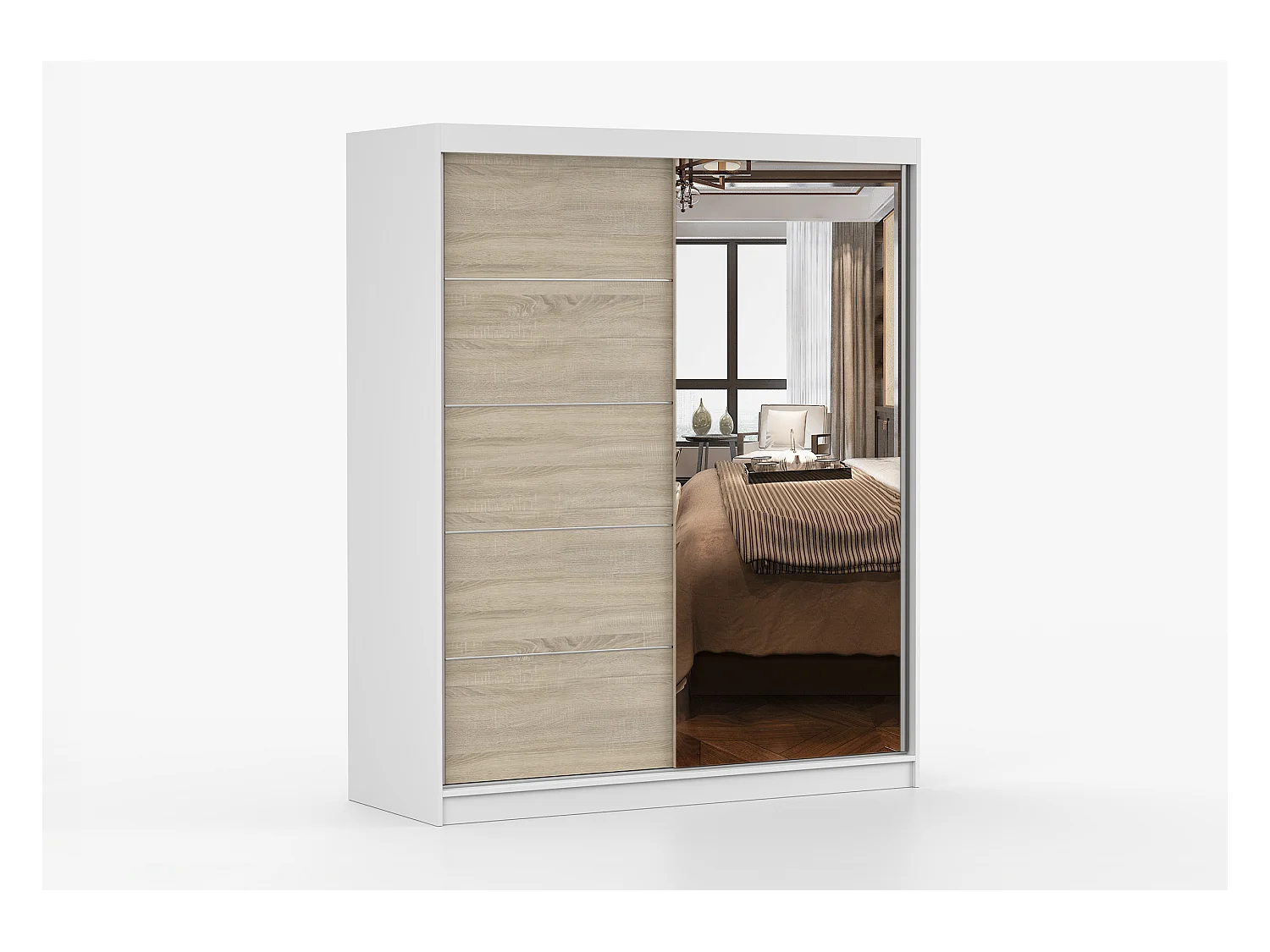 Armoire Ondine 160 cm avec miroir - Blanc - Chêne