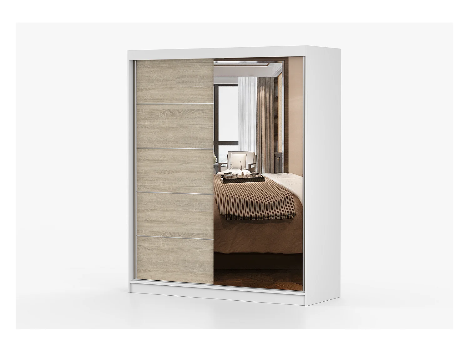 Armoire Ondine 160 cm avec miroir - Blanc - Chêne