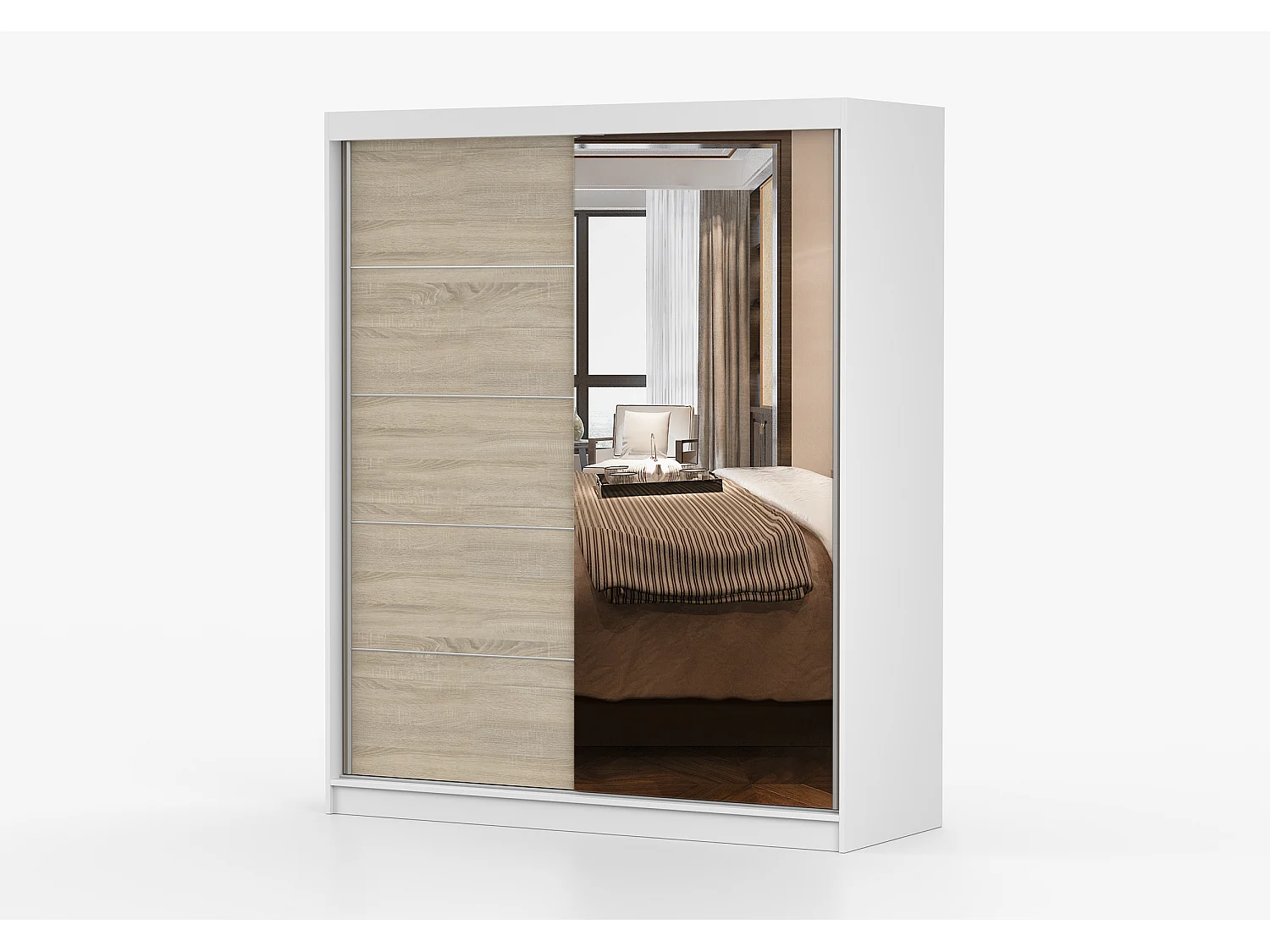 Armoire Ondine 160 cm avec miroir - Blanc - Chêne