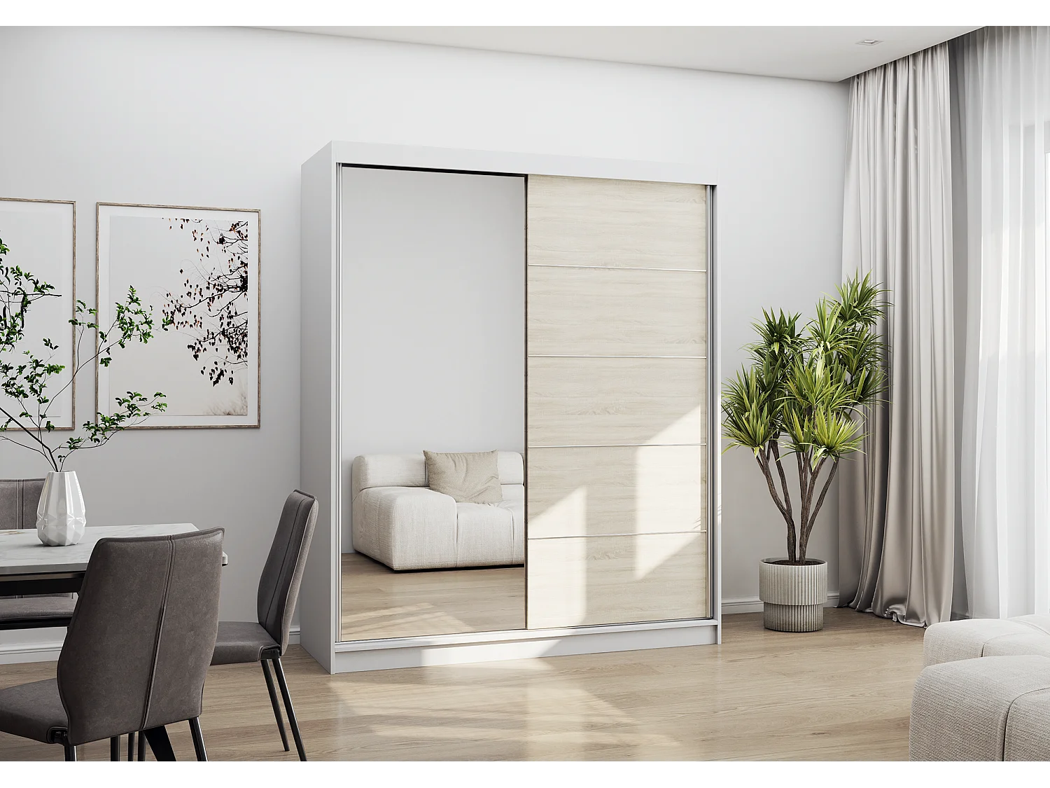 Armoire Ondine 160 cm avec miroir - Blanc - Chêne