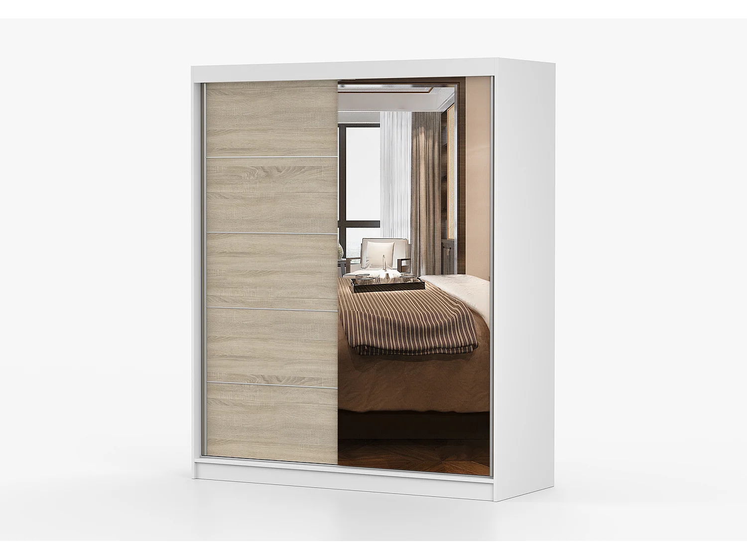 Armoire Ondine 160 cm avec miroir - Blanc - Chêne
