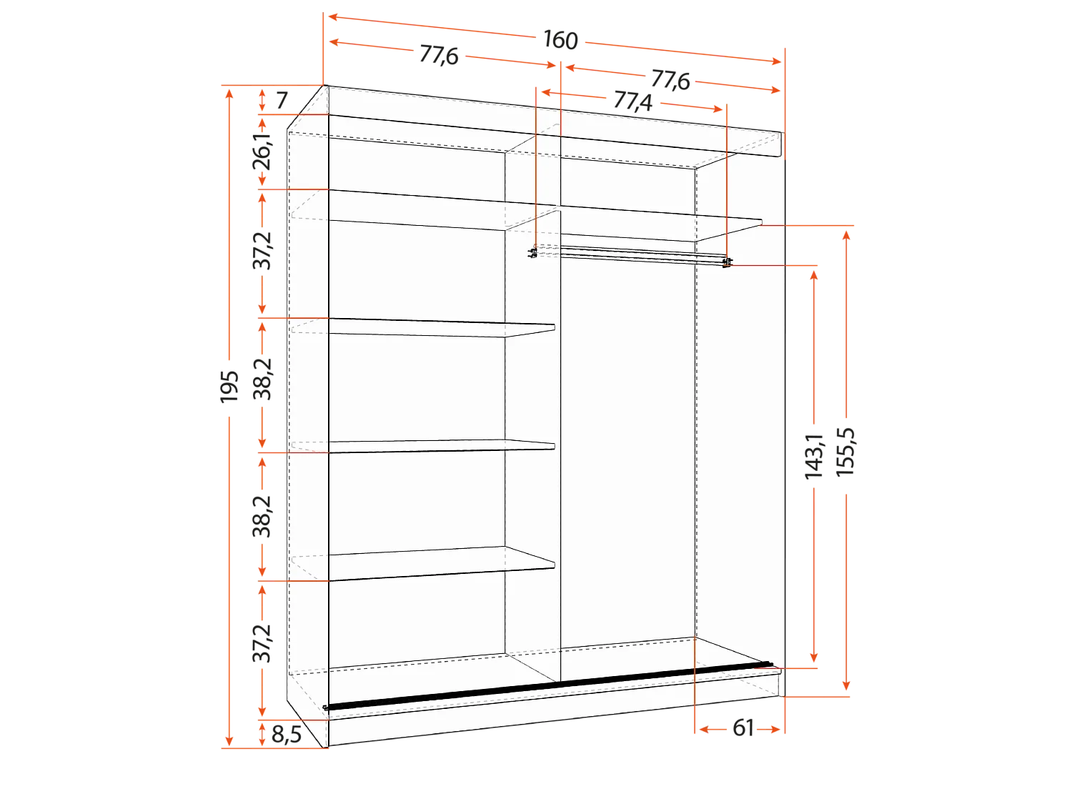 Armoire Ondine 160 cm avec miroir - Blanc - Chêne